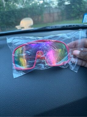 Dunkin’ Neon Pink Frame Mirrored Rainbow Lens Sports Sunglasses